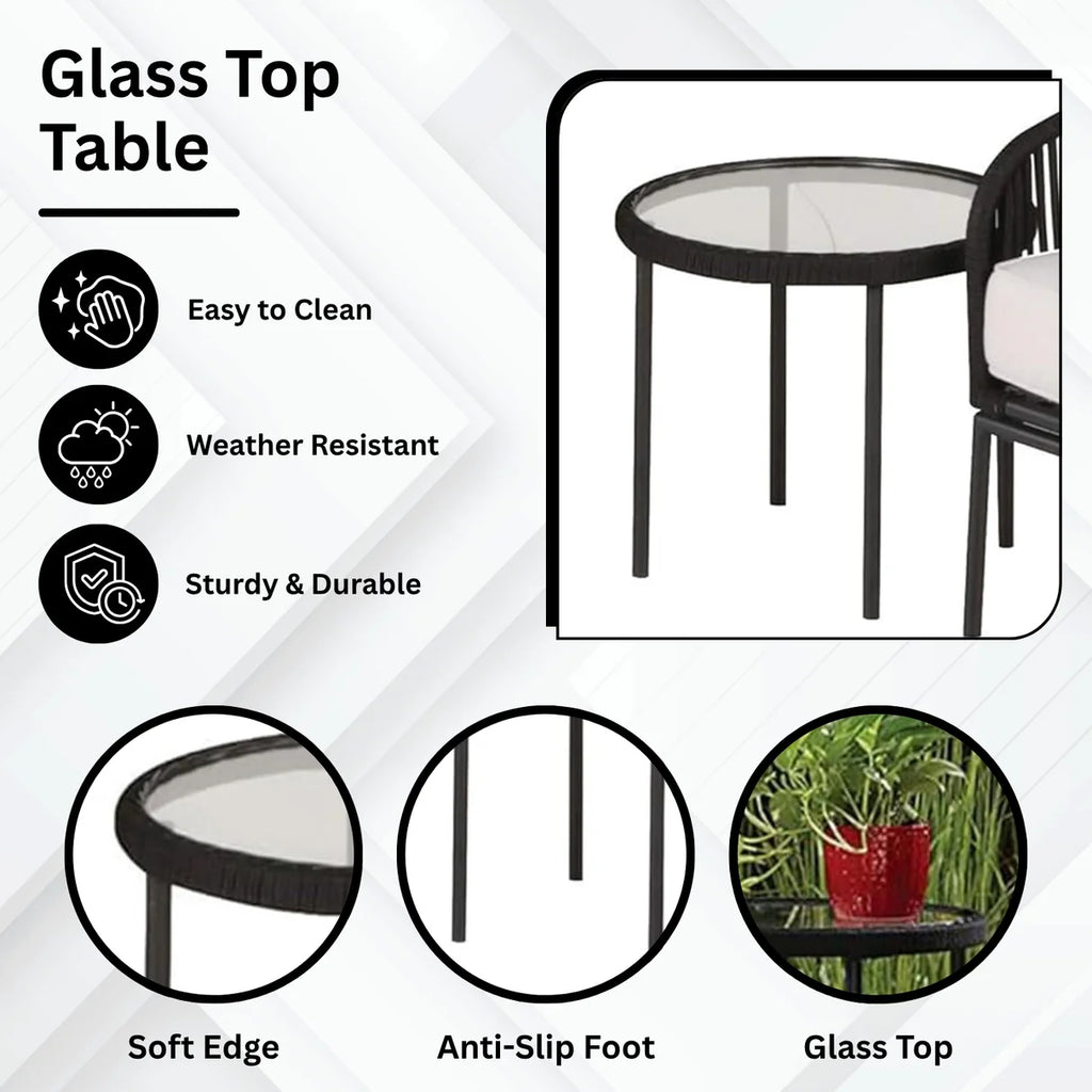 VIRASAT FURNITURE 3 Piece Outdoor Rope Bistro Set (Black & White)