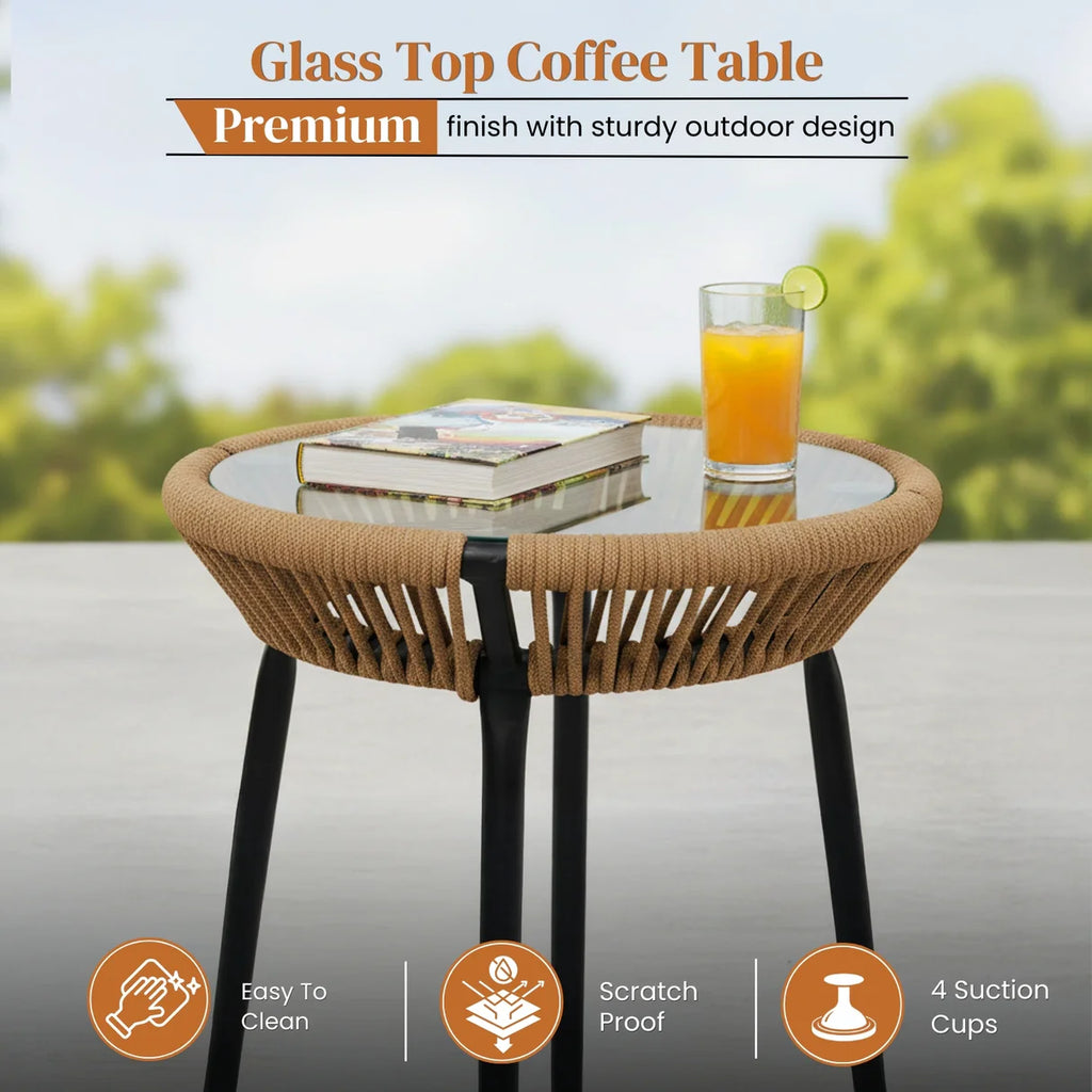 VIRASAT FURNITURE OUTDOOR ROPE PATIO SET WITH GLASS TOP TABLE (BEIGE & OFF-WHITE)