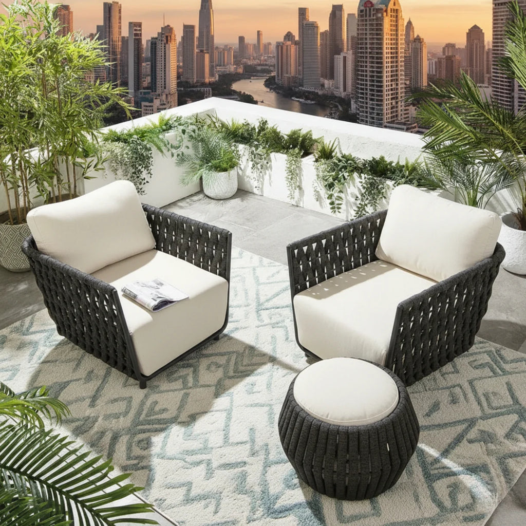 VIRASAT FURNITURE Outdoor Rope 3-Piece Patio Sofa Set (Grey & Off-White)