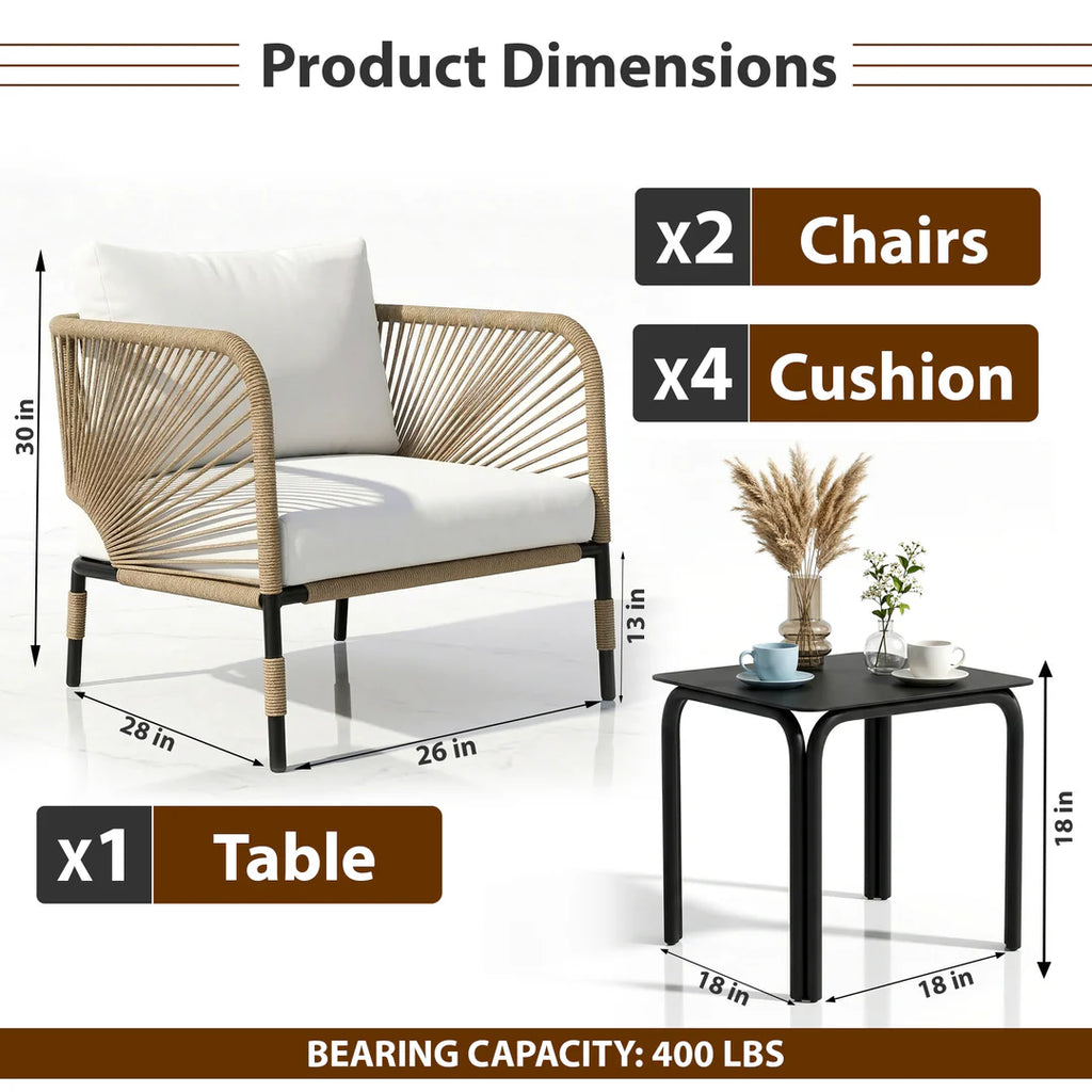 VIRASAT FURNITURE MADERA OUTDOOR PATIO SEATING SET 2 CHAIRS AND 1 TABLE SET (BEIGE) BRAIDED & ROPE