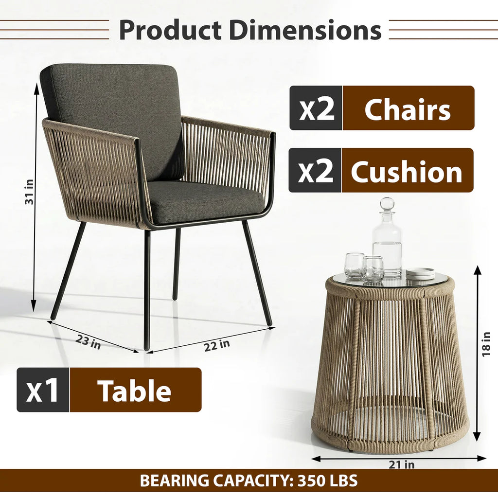 VIRASAT FURNITURE ODILA OUTDOOR PATIO SEATING SET 2 CHAIRS AND 1 TABLE SET (GREY+BROWN) BRAIDED & ROPE