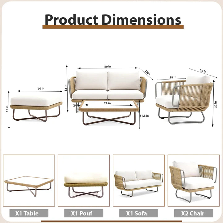 VIRASAT FURNITURE OUTDOOR ROPE SOFA SET 6-SEATER WITH OTTOMAN & CENTER TABLE (TAN) - BRAIDED ROPE PATIO SET