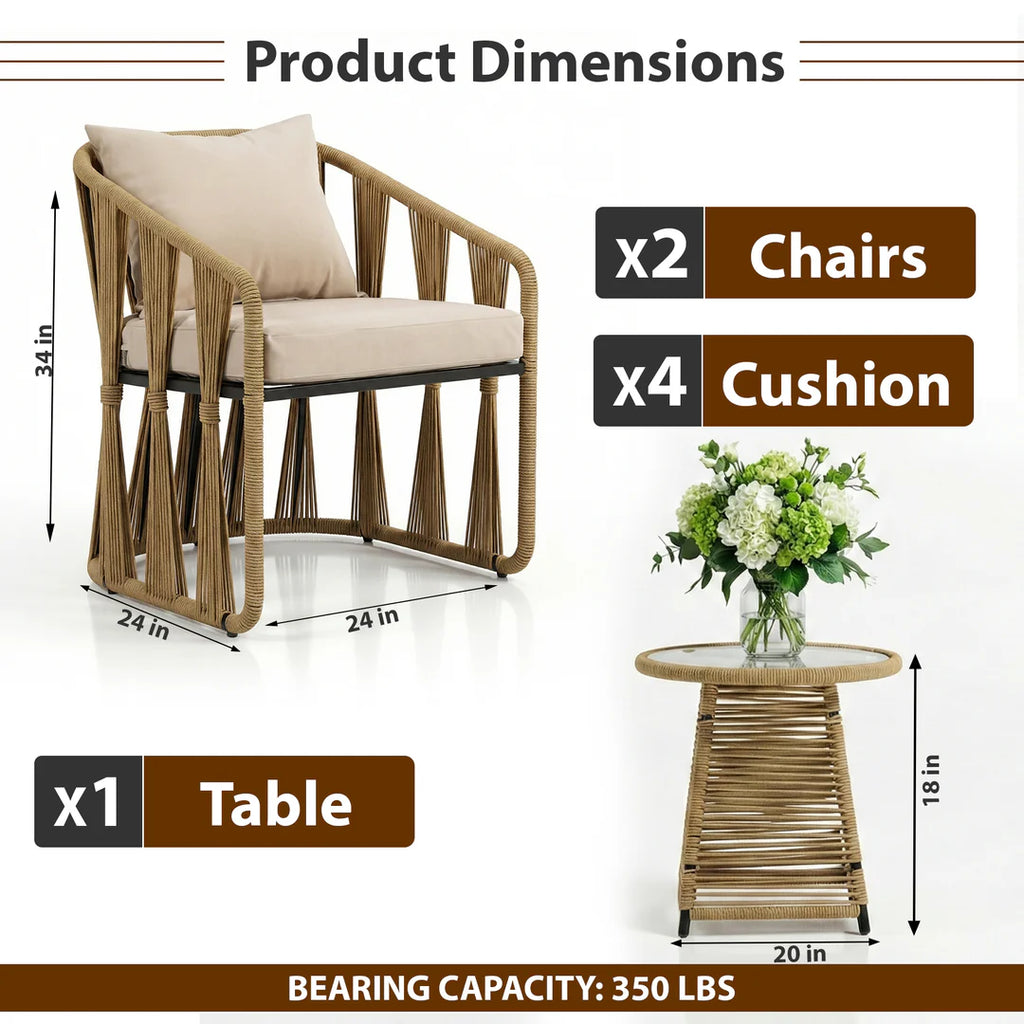 VIRASAT FURNITURE VARQO OUTDOOR PATIO SEATING SET 2 CHAIRS AND 1 TABLE SET (CREAM) BRAIDED & ROPE