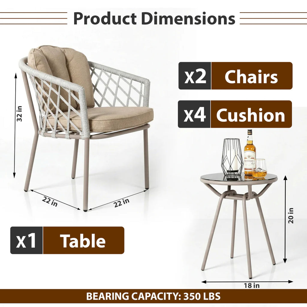VIRASAT FURNITURE SURFER OUTDOOR PATIO SEATING SET 2 CHAIRS AND 1 TABLE SET (GREY) BRAIDED & ROPE