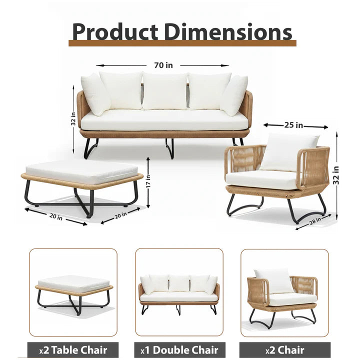 VIRASAT FURNITURE OUTDOOR ROPE SOFA SET 7-SEATER WITH 2 OTTOMANS (TAN)