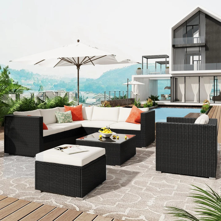 Virasat Silas Outdoor Garden Balcony Sofa Set 5 Seater, Single seater With 1 Ottoman and 1 Center Table Set (Black + White)