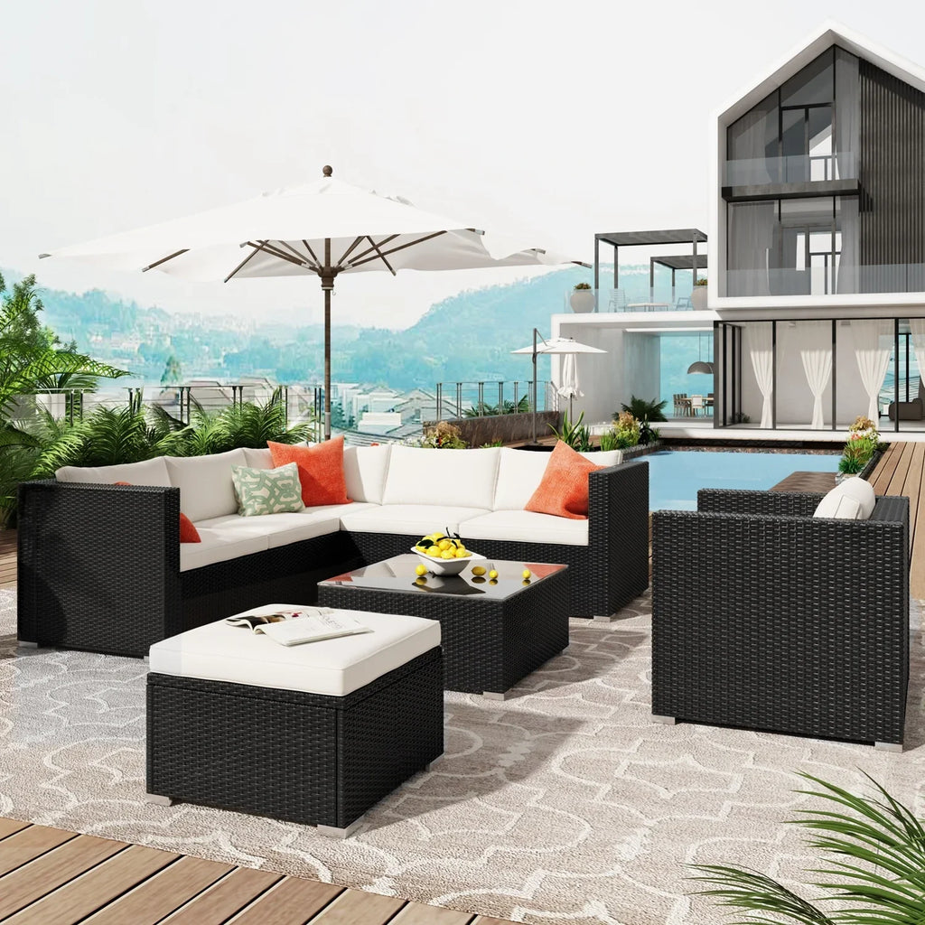 Virasat Outdoor Garden Balcony Sofa Set 5 Seater, Single seater With 1 Ottoman and 1 Center Table Set (Black + White)-VIRASAT FURNITURE & FURNISHING