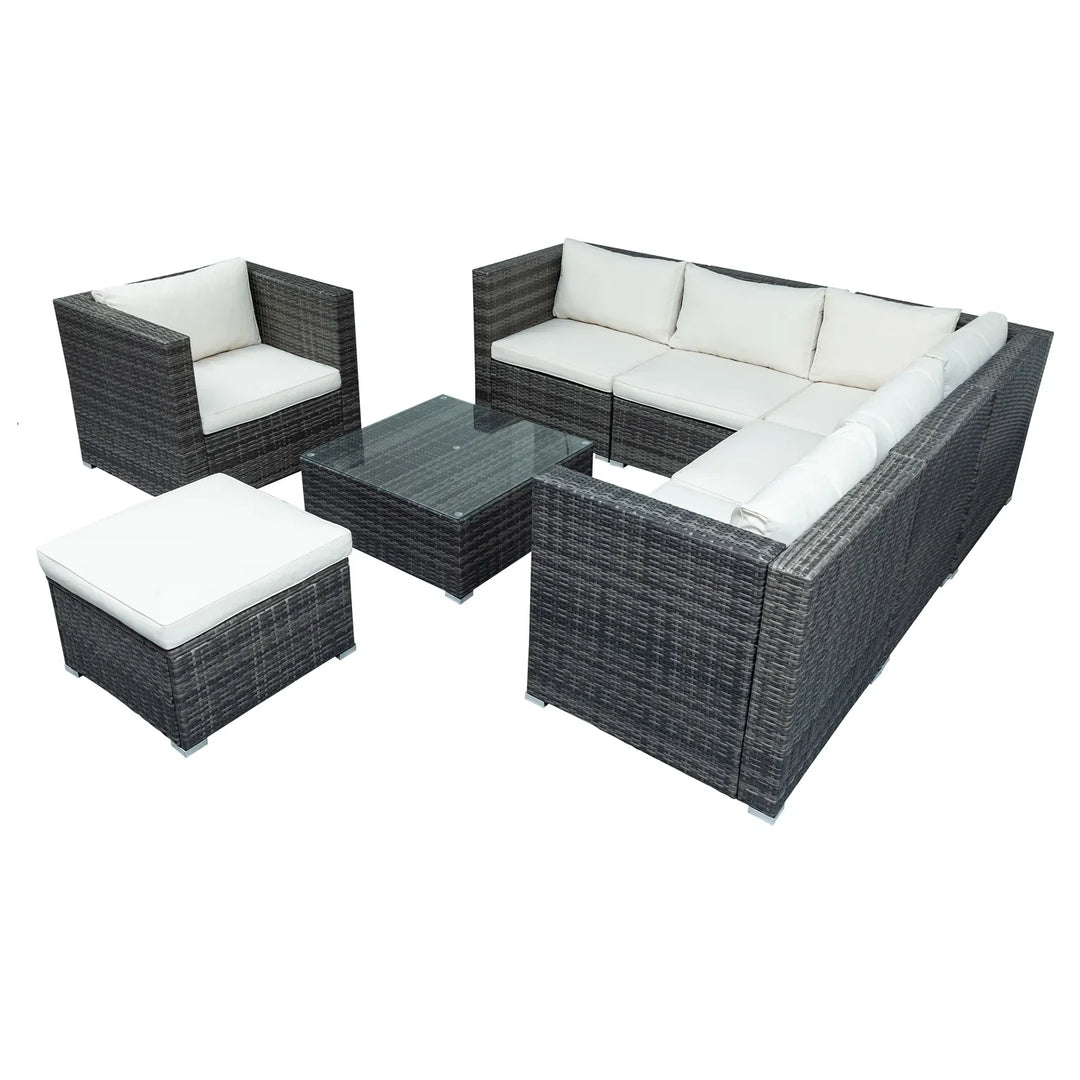 Virasat Zoi Outdoor Garden Balcony Sofa Set 6 Seater, Single seater With 1 Ottoman and 1 Center Table Set (Brown + White)