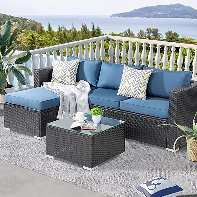 Virasat Kelo Outdoor Patio Sofa Set 3 Seater , 1 ottoman and 1 Center Table Set (Black + Navy Blue)