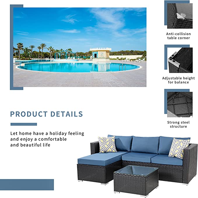 Virasat Outdoor Patio Sofa Set 3 Seater, 1 ottoman and 1 Center Table Set (Black + Navy Blue)-VIRASAT FURNITURE & FURNISHING
