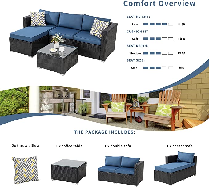 Virasat Outdoor Patio Sofa Set 3 Seater, 1 ottoman and 1 Center Table Set (Black + Navy Blue)-VIRASAT FURNITURE & FURNISHING