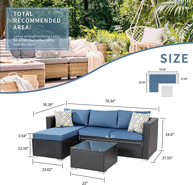 Virasat Kelo Outdoor Patio Sofa Set 3 Seater , 1 ottoman and 1 Center Table Set (Black + Navy Blue)