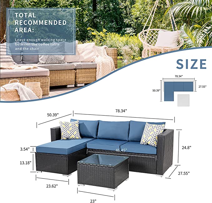Virasat Outdoor Patio Sofa Set 3 Seater, 1 ottoman and 1 Center Table Set (Black + Navy Blue)-VIRASAT FURNITURE & FURNISHING