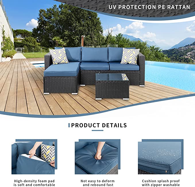 Virasat Outdoor Patio Sofa Set 3 Seater, 1 ottoman and 1 Center Table Set (Black + Navy Blue)-VIRASAT FURNITURE & FURNISHING