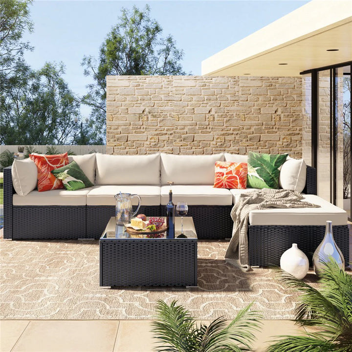 Virasat Ollie Outdoor Patio Sofa Set 4 Seater and 1 Table With 1 Ottoman Set (Black + Cream)