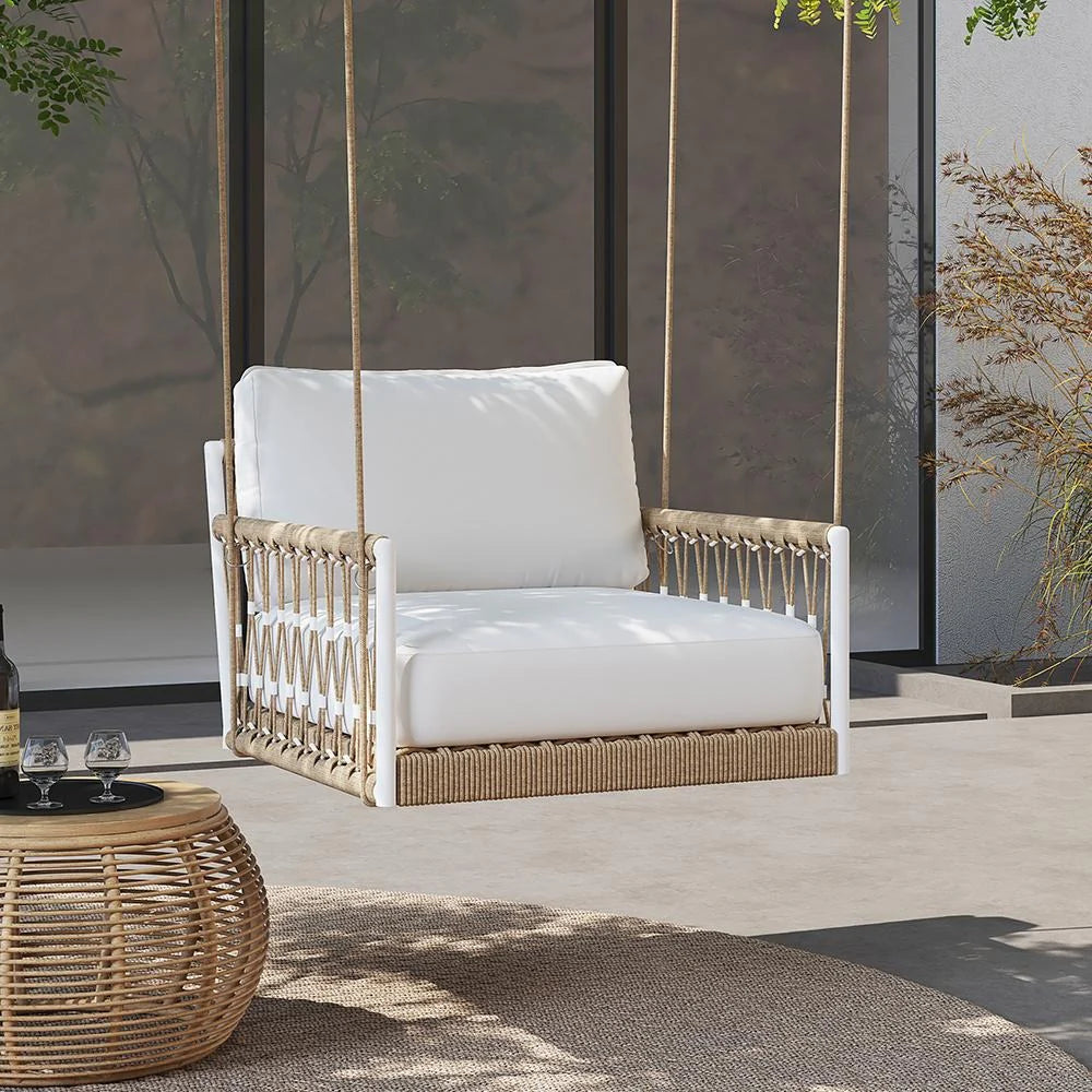 VIRASAT FURNITURE ULEK SINGLE SEATER HANGING SWING WITHOUT STAND FOR BALCONY & GARDEN SWING (WHITE + TAN) BRAIDED & ROPE