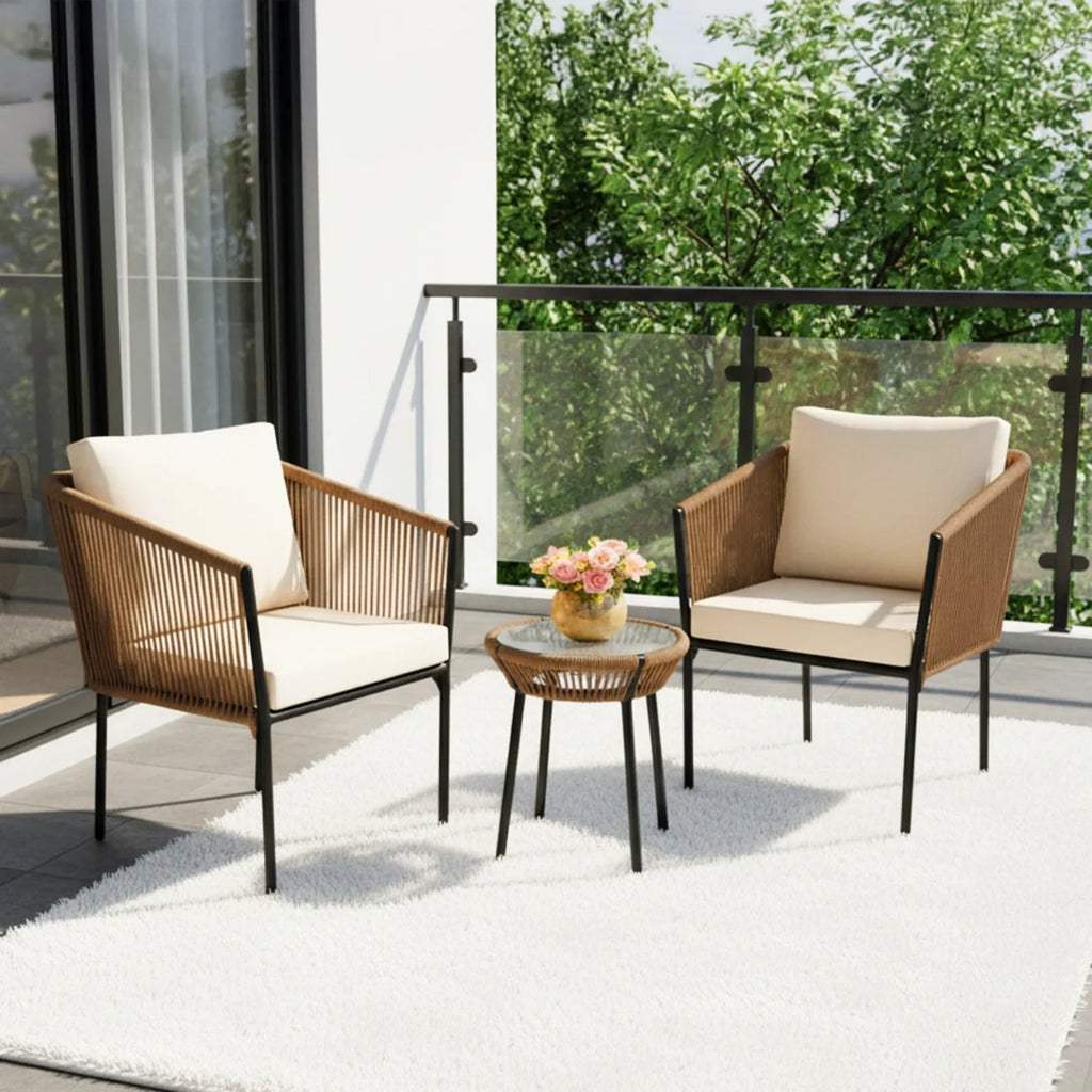 VIRASAT FURNITURE OUTDOOR ROPE PATIO SET WITH GLASS TOP TABLE (BEIGE & OFF-WHITE)
