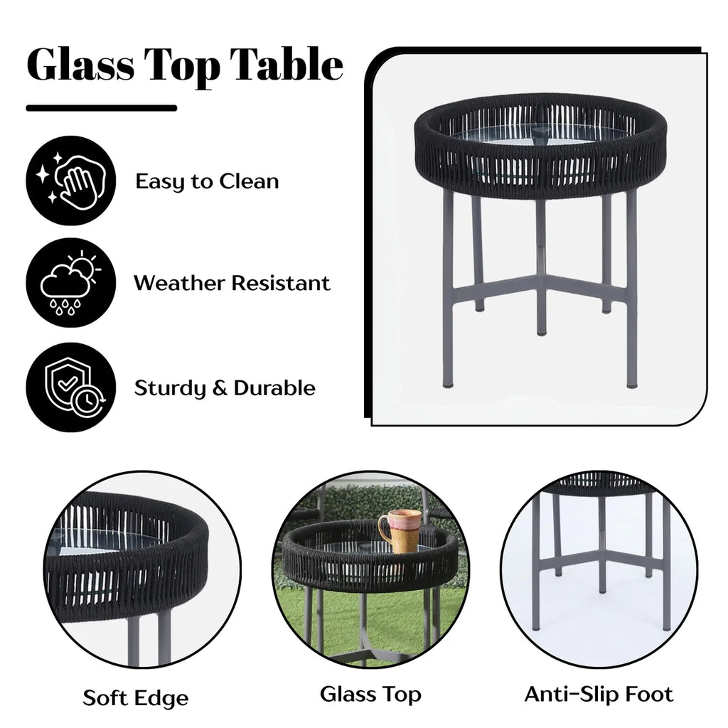 VIRASAT FURNITURE 3-Piece Black Rope Outdoor Patio Set with Cushions & Center Table