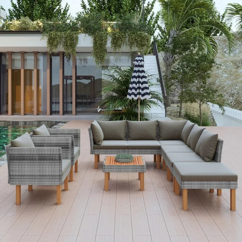 VIRASAT FURNITURE OUTDOOR ROPE SOFA SET 7-SEATER WITH OTTOMAN & CENTER TABLE (GREY)