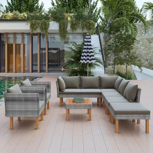 VIRASAT FURNITURE OUTDOOR ROPE SOFA SET 7-SEATER WITH OTTOMAN & CENTER TABLE (GREY)