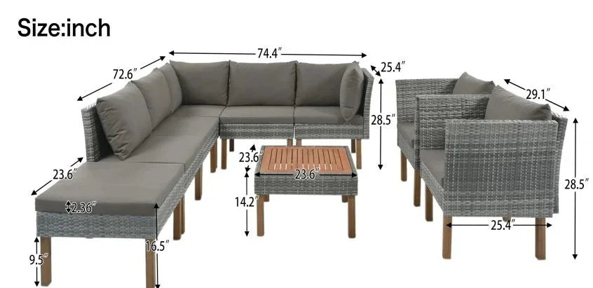 VIRASAT FURNITURE OUTDOOR ROPE SOFA SET 7-SEATER WITH OTTOMAN & CENTER TABLE (GREY)