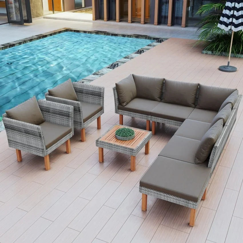 VIRASAT FURNITURE OUTDOOR ROPE SOFA SET 7-SEATER WITH OTTOMAN & CENTER TABLE (GREY)