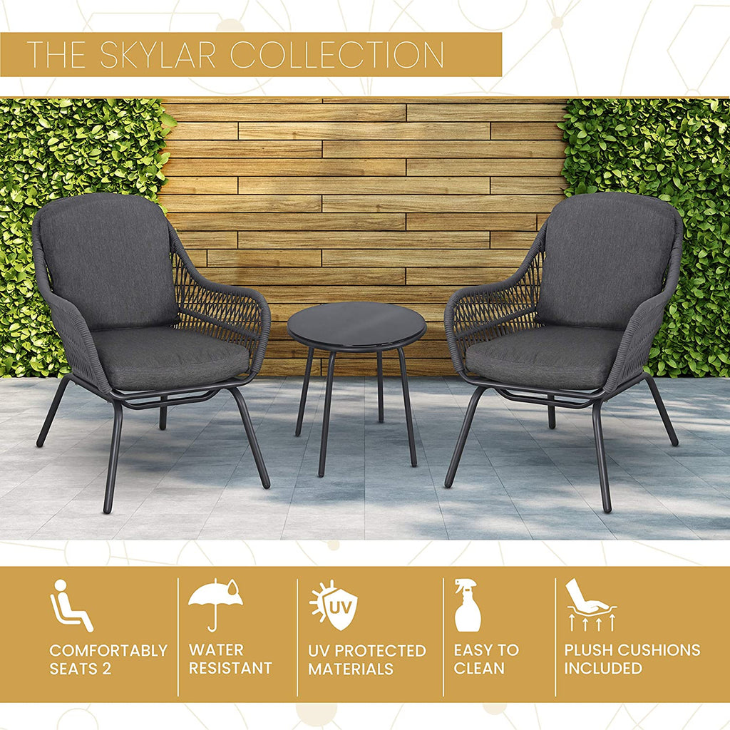Virasat Outdoor Patio Seating Set 2 Chairs and 1 Table Set (Dark Grey) Braided & Rope-VIRASAT FURNITURE & FURNISHING