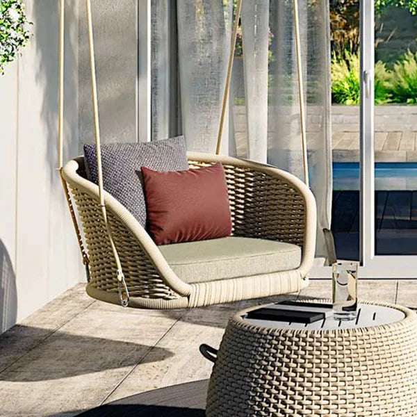 Virasat Single Seater Hanging Swing Without Stand For Balcony, Garden Swing (Cream) Braided & Rope-VIRASAT FURNITURE & FURNISHING