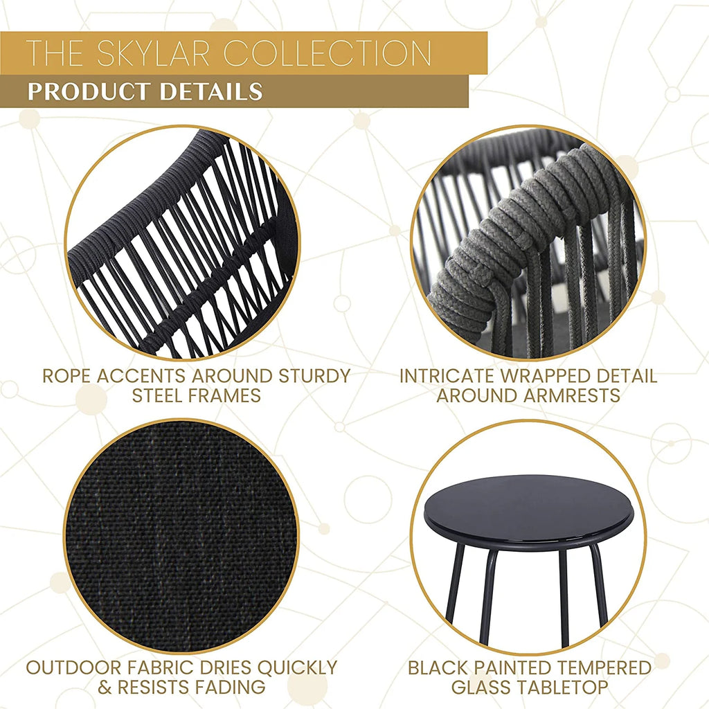 Virasat Outdoor Patio Seating Set 2 Chairs and 1 Table Set (Dark Grey) Braided & Rope-VIRASAT FURNITURE & FURNISHING