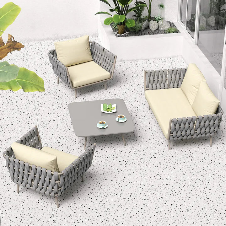 Virasat Bifrox Outdoor Garden Balcony Sofa Set 2 Seater, 2 Single seater and 1 Center Table Set, Braid & Rope (Beige + Grey)