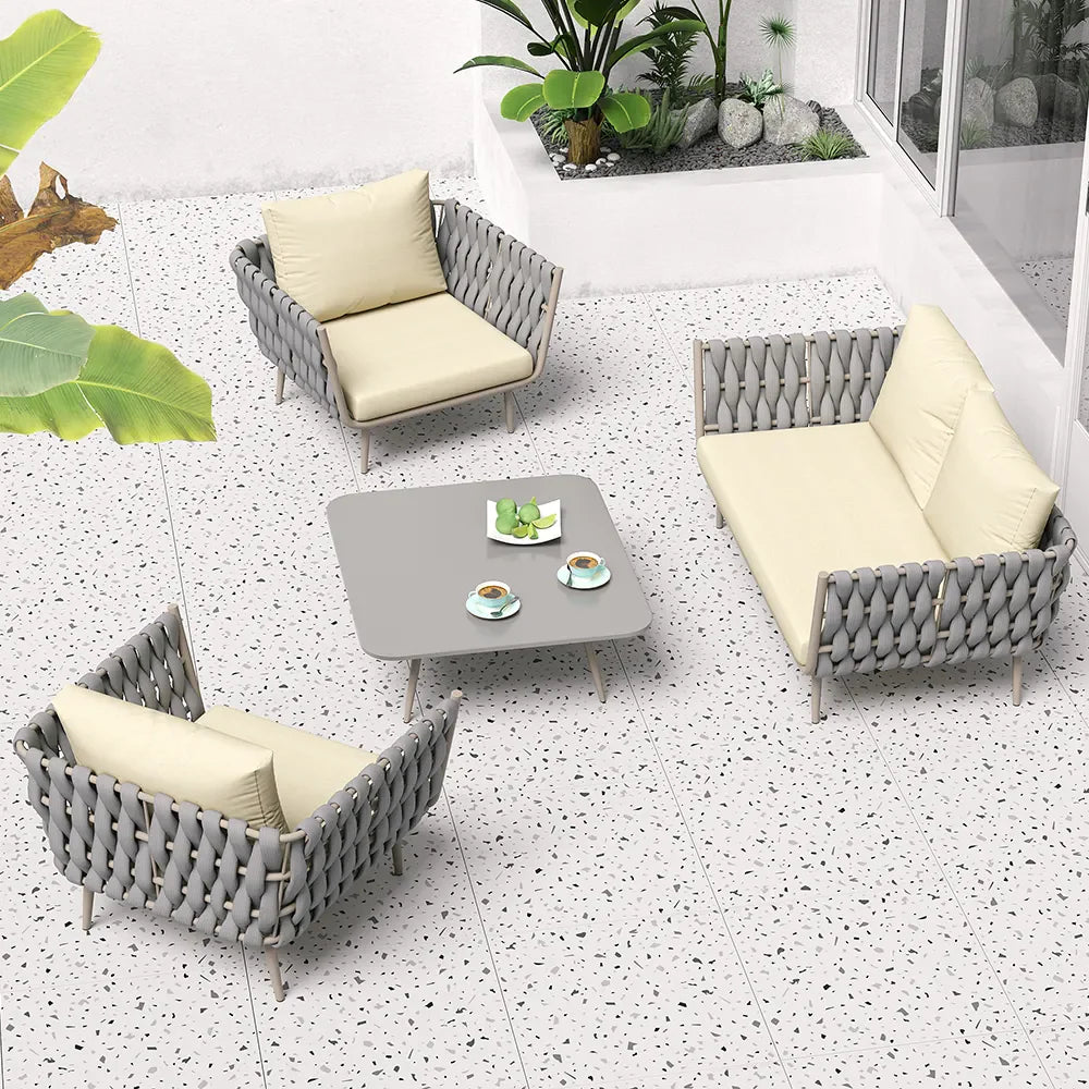 Virasat Outdoor Garden Balcony Sofa Set 2 Seater, 2 Single Seater and 1 Center Table Set, Braid & Rope (Beige + Grey)-VIRASAT FURNITURE & FURNISHING