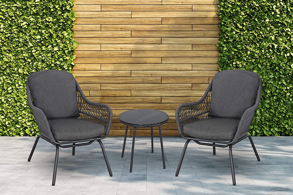 Virasat Outdoor Patio Seating Set 2 Chairs and 1 Table Set (Dark Grey) Braided & Rope-VIRASAT FURNITURE & FURNISHING