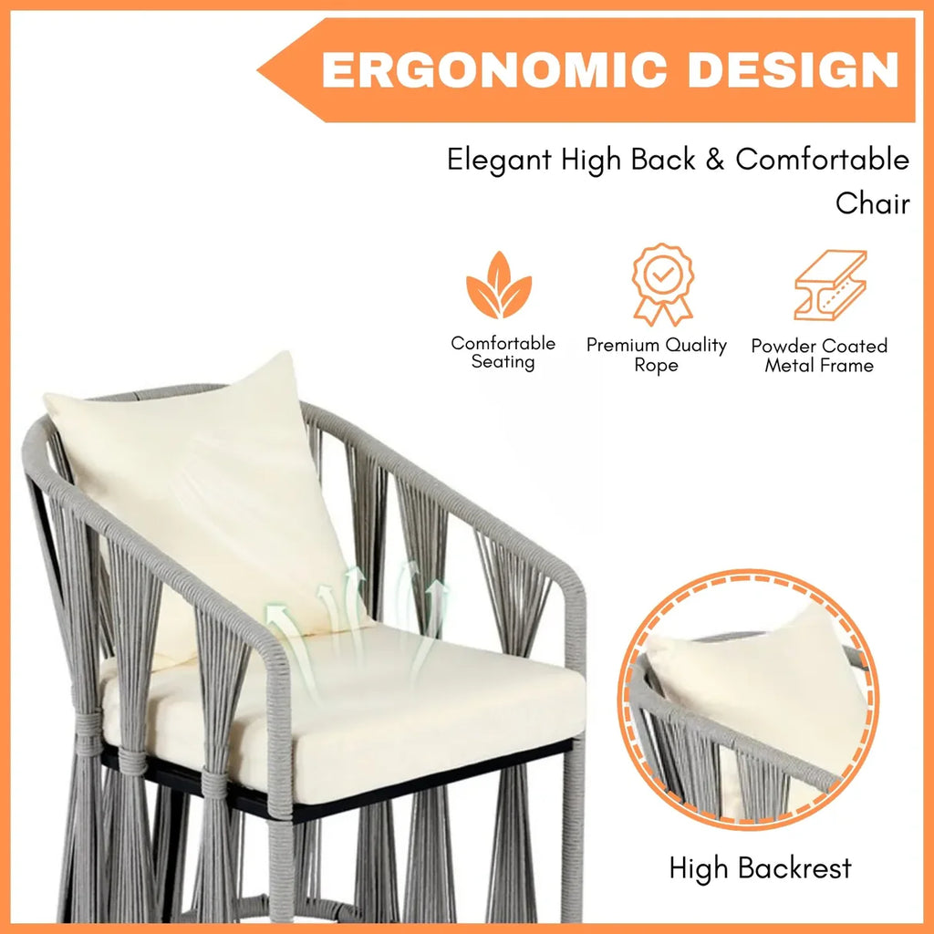 VIRASAT FURNITURE Outdoor Rope 3-Piece Patio Set (Grey & Cream)