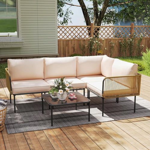 VIRASAT FURNITURE 5 SEATER L-SHAPE OUTDOOR ROPE SOFA SET (BEIGE & CREAM)