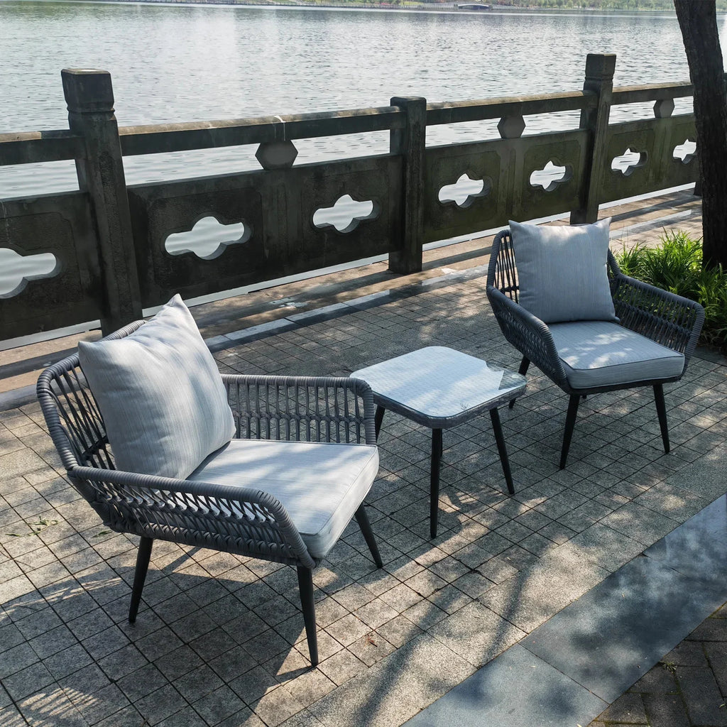 Virasat Outdoor Patio Seating Set 2 Chairs and 1 Table Set (Grey) Braided & Rope-VIRASAT FURNITURE & FURNISHING