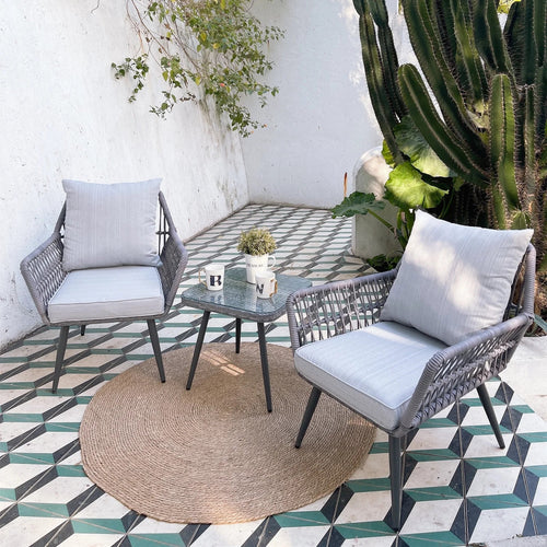 Virasat Outdoor Patio Seating Set 2 Chairs and 1 Table Set (Grey) Braided & Rope-VIRASAT FURNITURE & FURNISHING