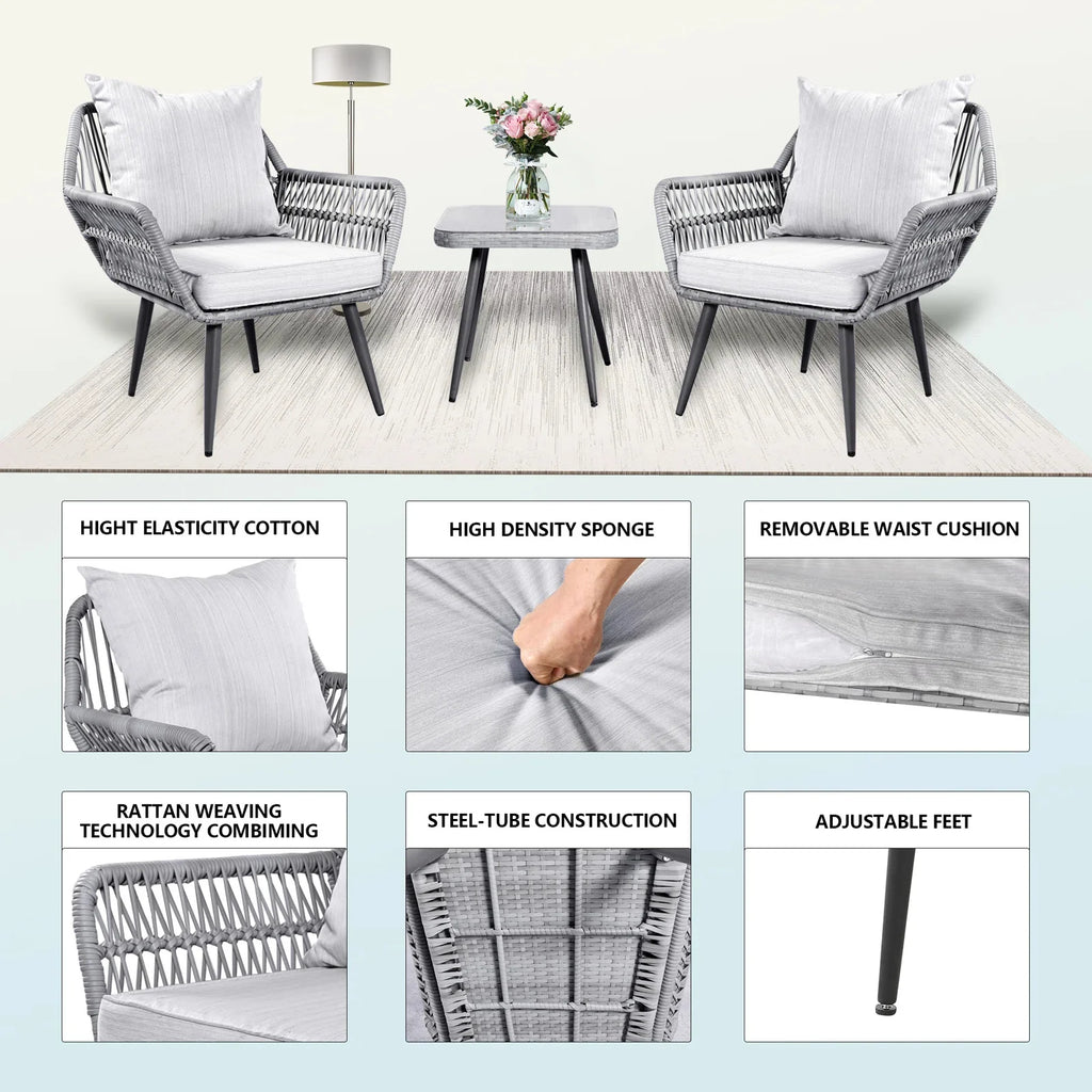 Virasat Outdoor Patio Seating Set 2 Chairs and 1 Table Set (Grey) Braided & Rope-VIRASAT FURNITURE & FURNISHING