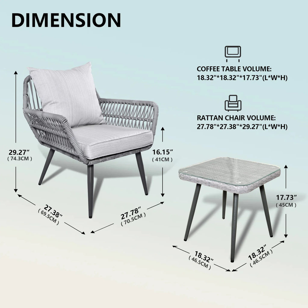 Virasat Outdoor Patio Seating Set 2 Chairs and 1 Table Set (Grey) Braided & Rope-VIRASAT FURNITURE & FURNISHING