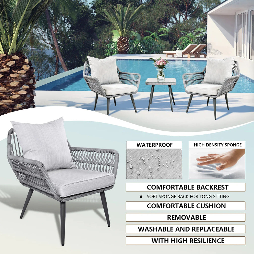 Virasat Outdoor Patio Seating Set 2 Chairs and 1 Table Set (Grey) Braided & Rope-VIRASAT FURNITURE & FURNISHING