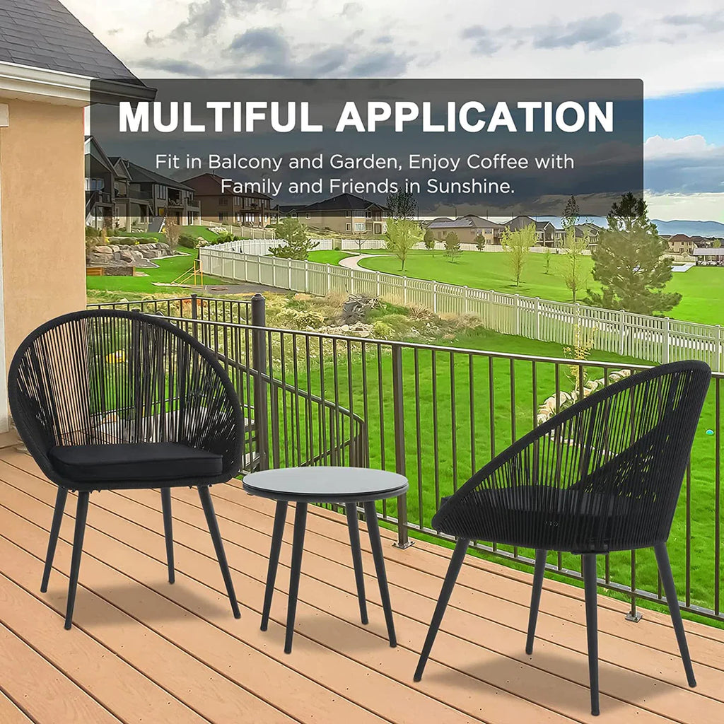 VIRASAT FURNITURE KAAY OUTDOOR PATIO SEATING SET 2 CHAIRS AND 1 TABLE SET (BLACK) BRAIDED & ROPE