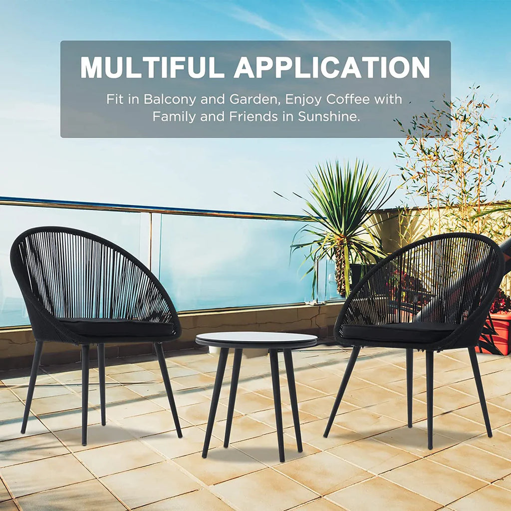 VIRASAT FURNITURE KAAY OUTDOOR PATIO SEATING SET 2 CHAIRS AND 1 TABLE SET (BLACK) BRAIDED & ROPE
