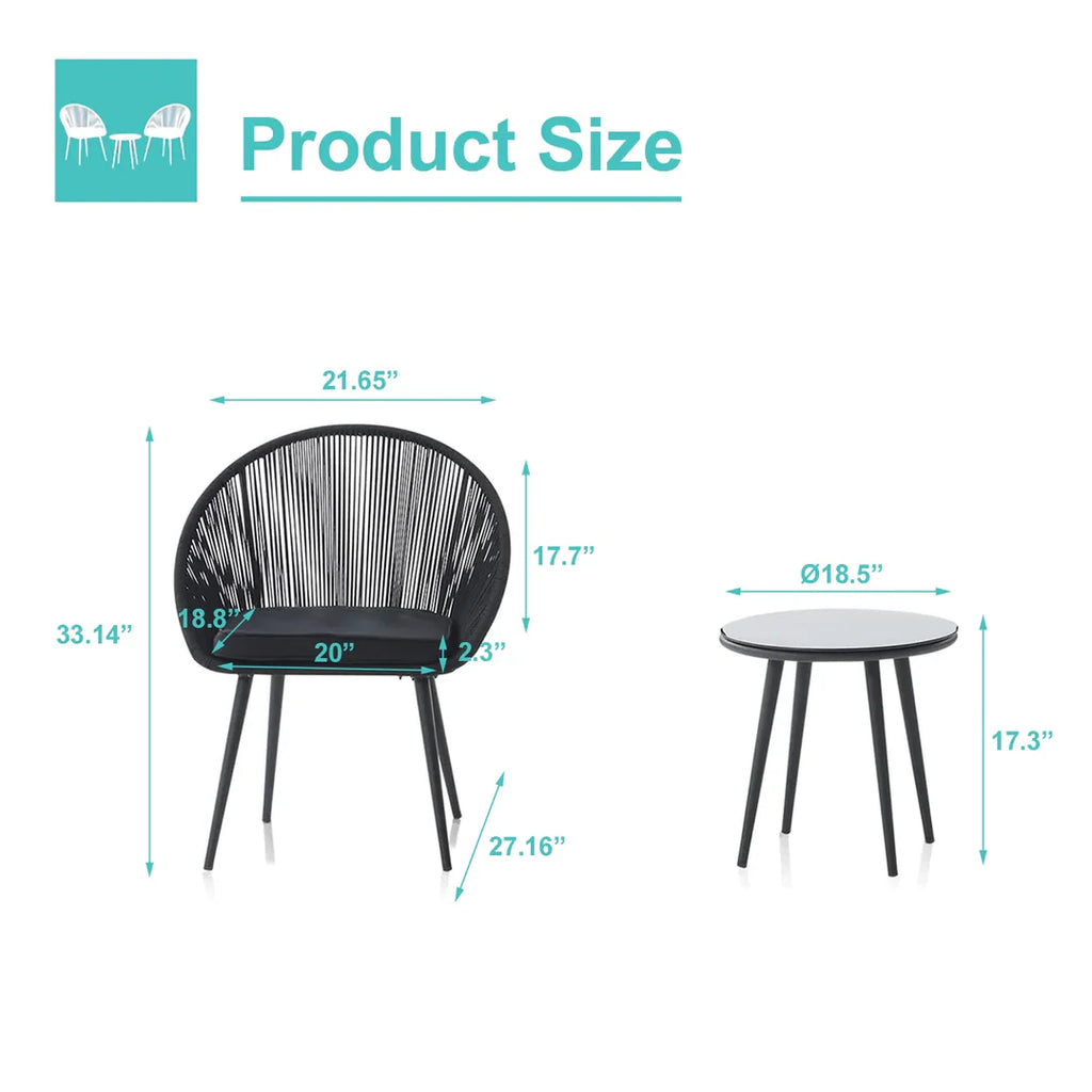 VIRASAT FURNITURE KAAY OUTDOOR PATIO SEATING SET 2 CHAIRS AND 1 TABLE SET (BLACK) BRAIDED & ROPE
