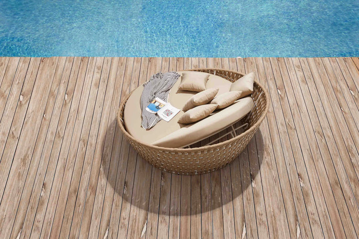 Virasat Neck Outdoor Poolside Sunbed With Cushion Daybed (Tan) Braided & Rope