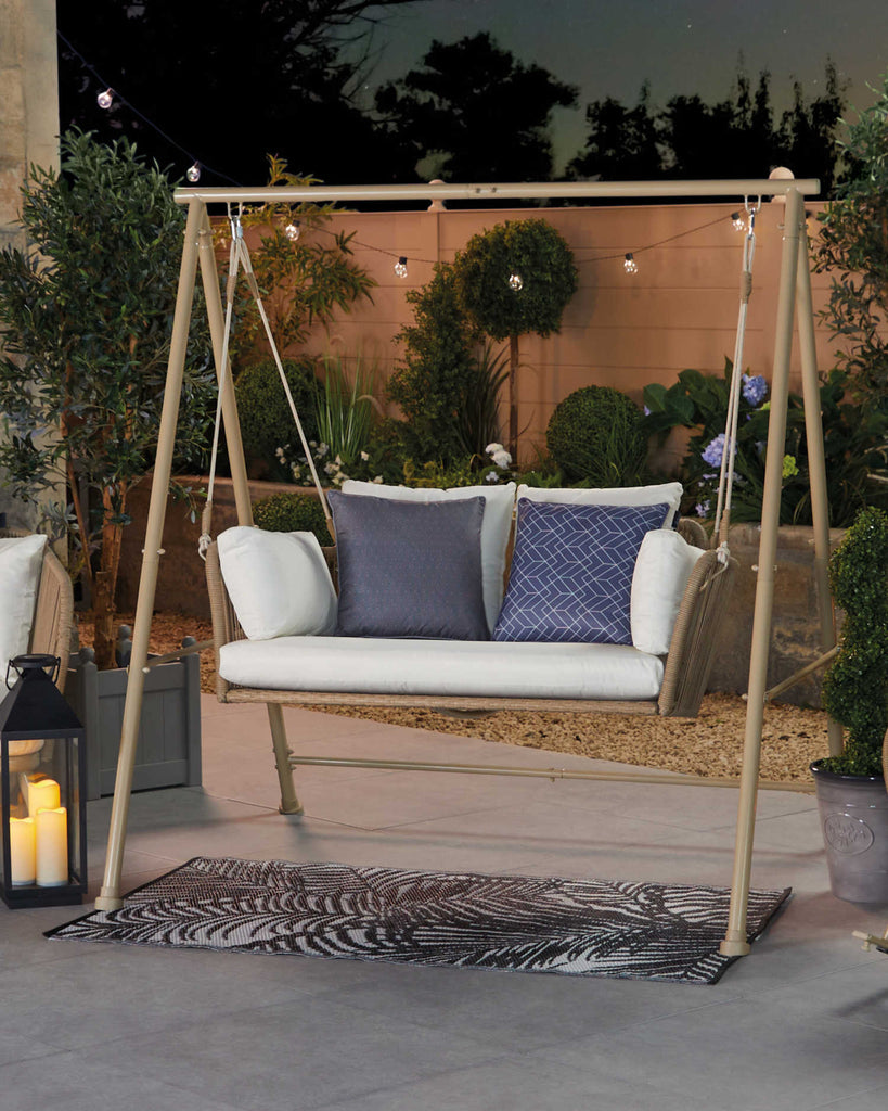 Virasat Double Seater Hanging Swing With Stand For Balcony , Garden Swing (White +Tan)-VIRASAT FURNITURE & FURNISHING