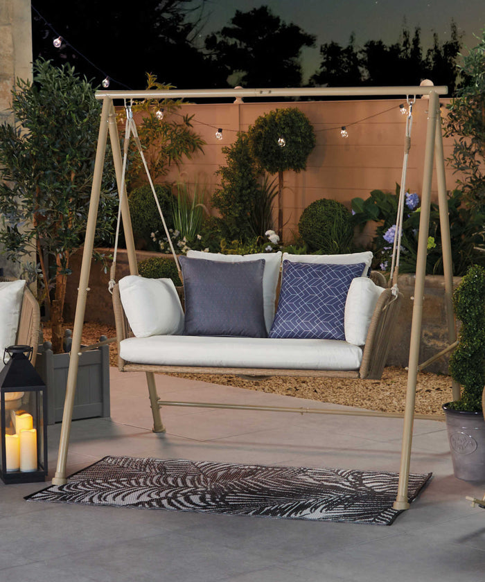 Virasat Double Seater Hanging Swing With Stand For Balcony , Garden Swing (White +Tan)-VIRASAT FURNITURE & FURNISHING