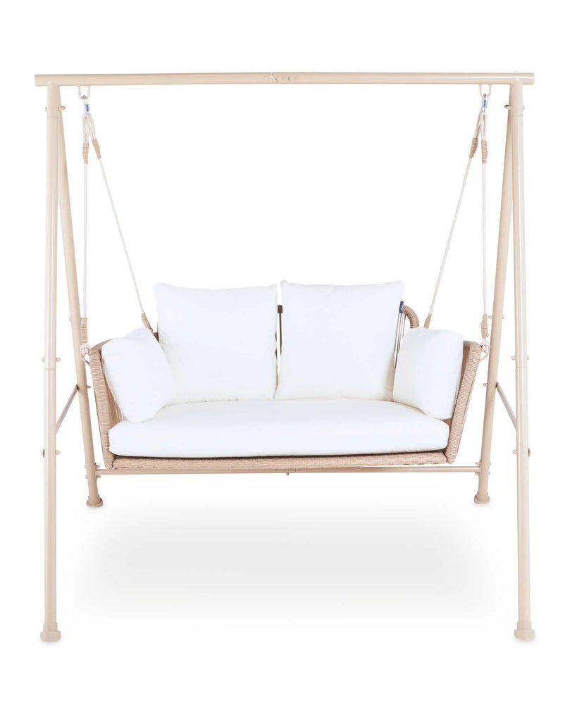 Virasat Double Seater Hanging Swing With Stand For Balcony , Garden Swing (White +Tan)-VIRASAT FURNITURE & FURNISHING