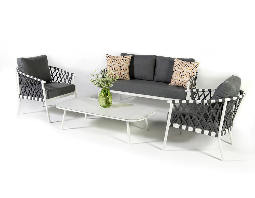 Virasat Outdoor Sofa Set 2 Seater, 2 Single Seater and 1 Center Table (White + Grey) Braided & Rope-VIRASAT FURNITURE & FURNISHING