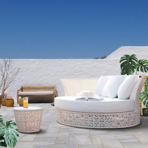 Virasat Outdoor Poolside Sunbed With Cushion Daybed With Side Table (White)-VIRASAT FURNITURE & FURNISHING