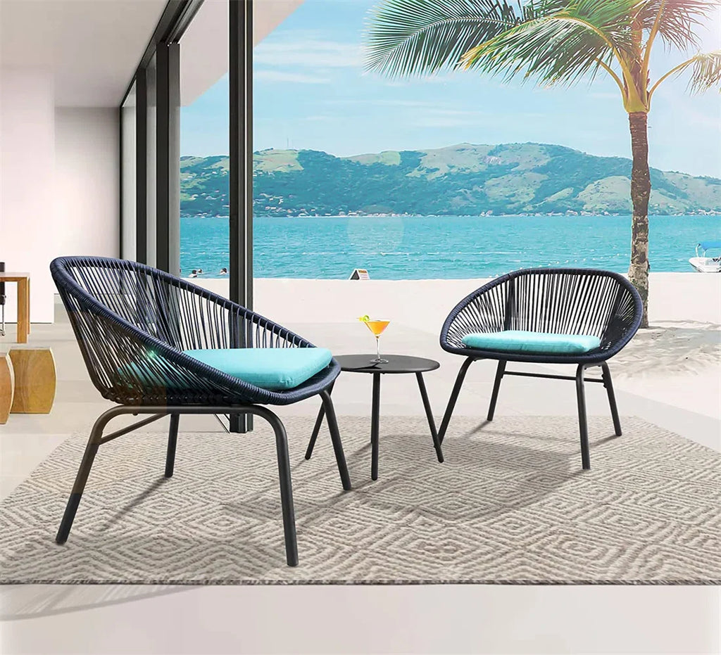 Virasat Outdoor Patio Seating Set 2 Chairs and 1 Table Set Black Blue-VIRASAT FURNITURE & FURNISHING