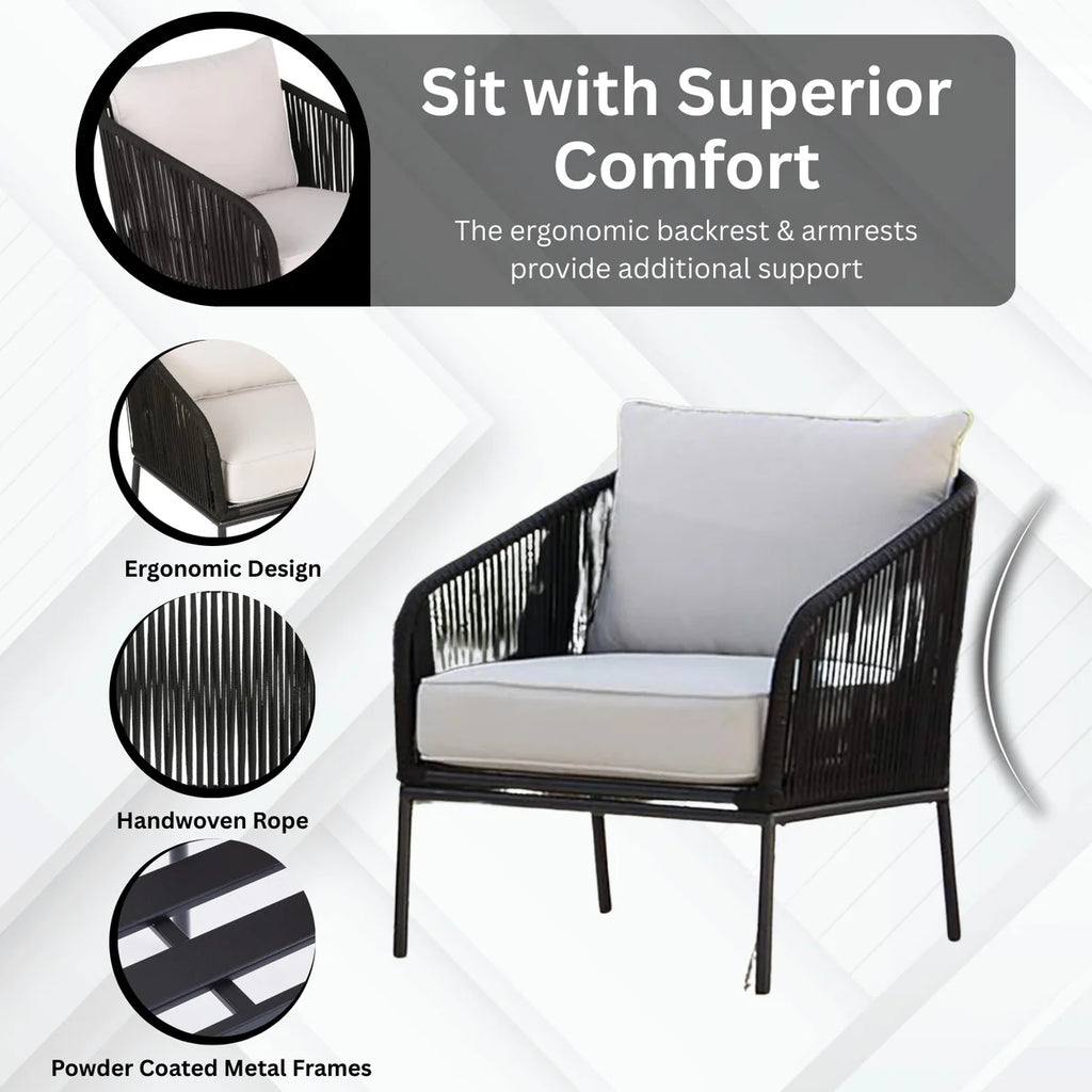 VIRASAT FURNITURE 3 Piece Outdoor Rope Bistro Set (Black & White)